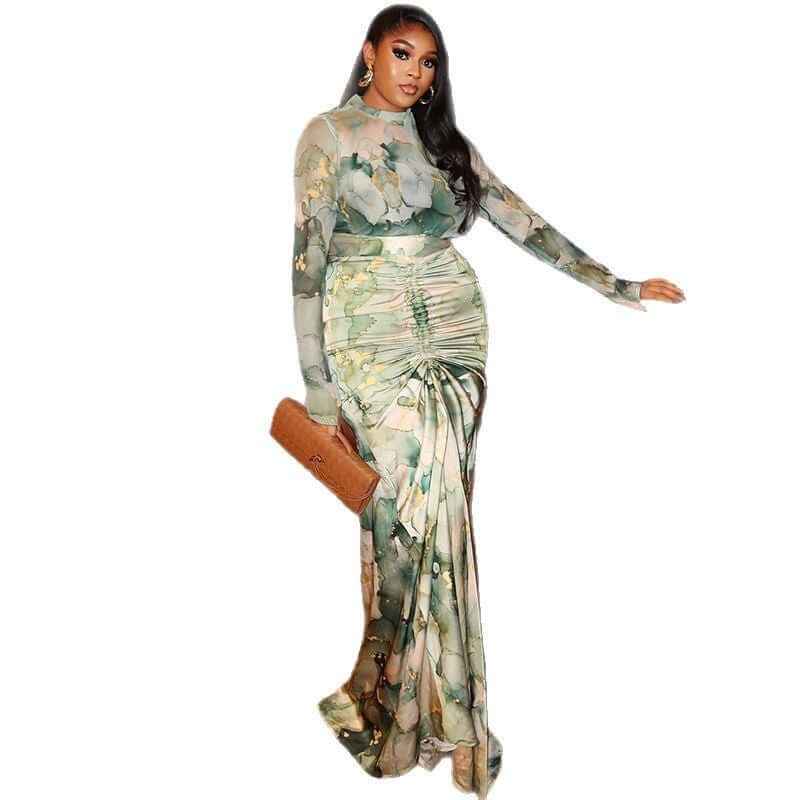 Printed Waist-wrapped Slim Fit Skirt Pleated Dress High Collar Two-piece Set