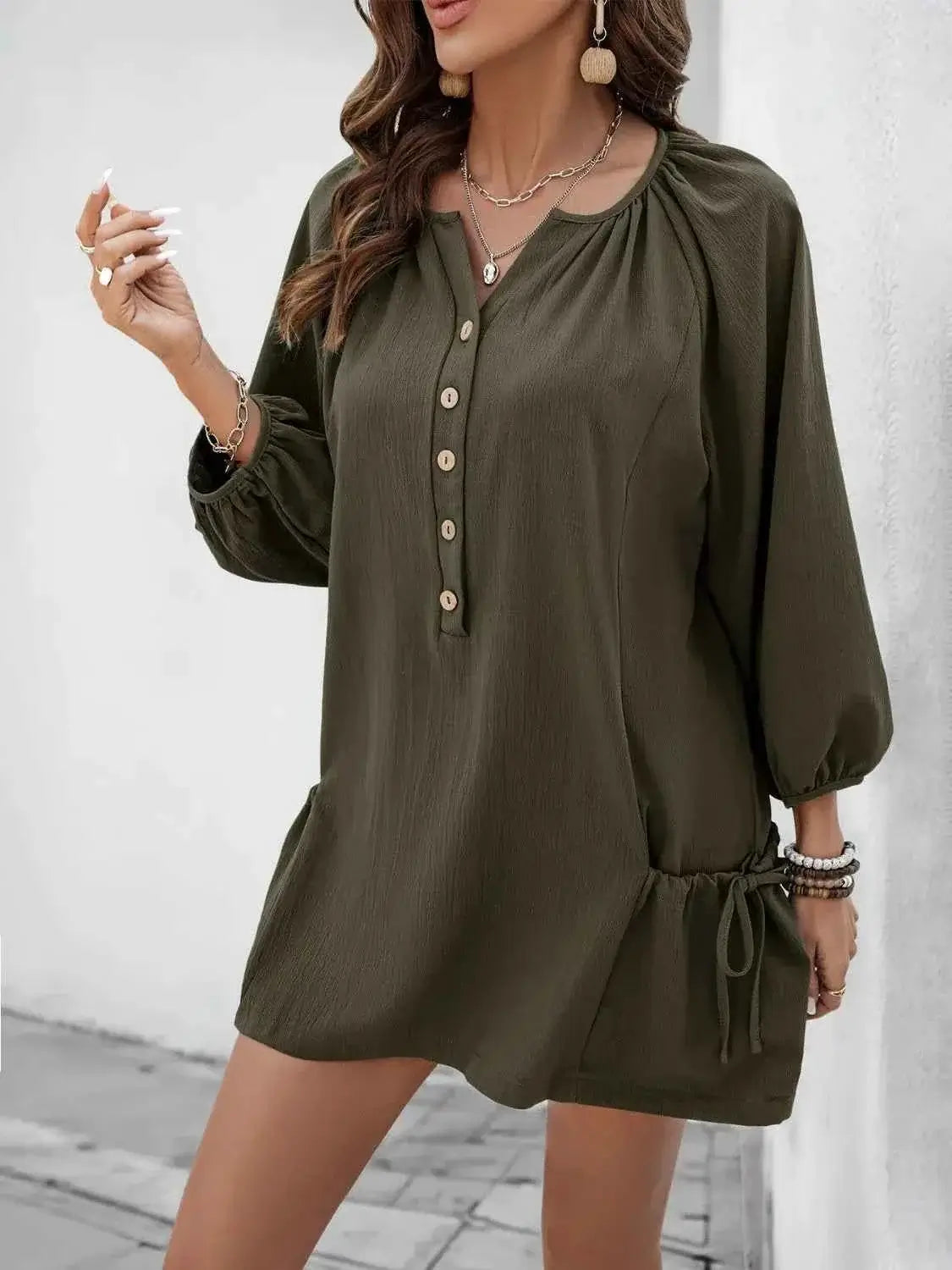 Button Front Balloon Sleeve Dress