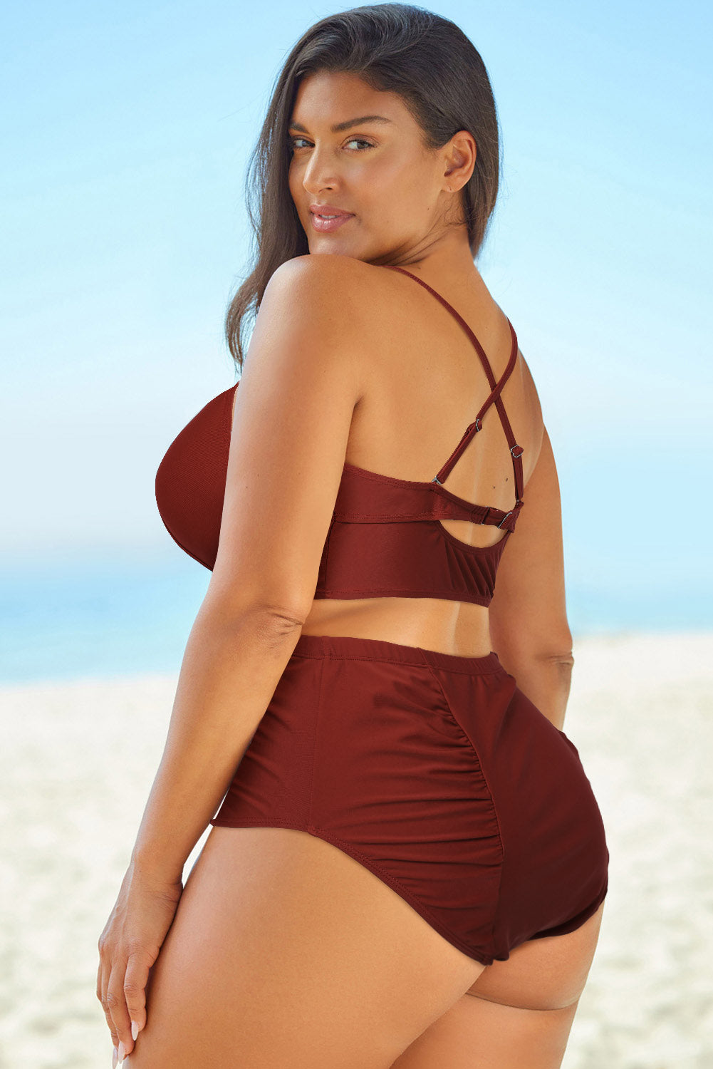 Full Size Halter Neck Crisscross Ruched Two-Piece Swimsuit
