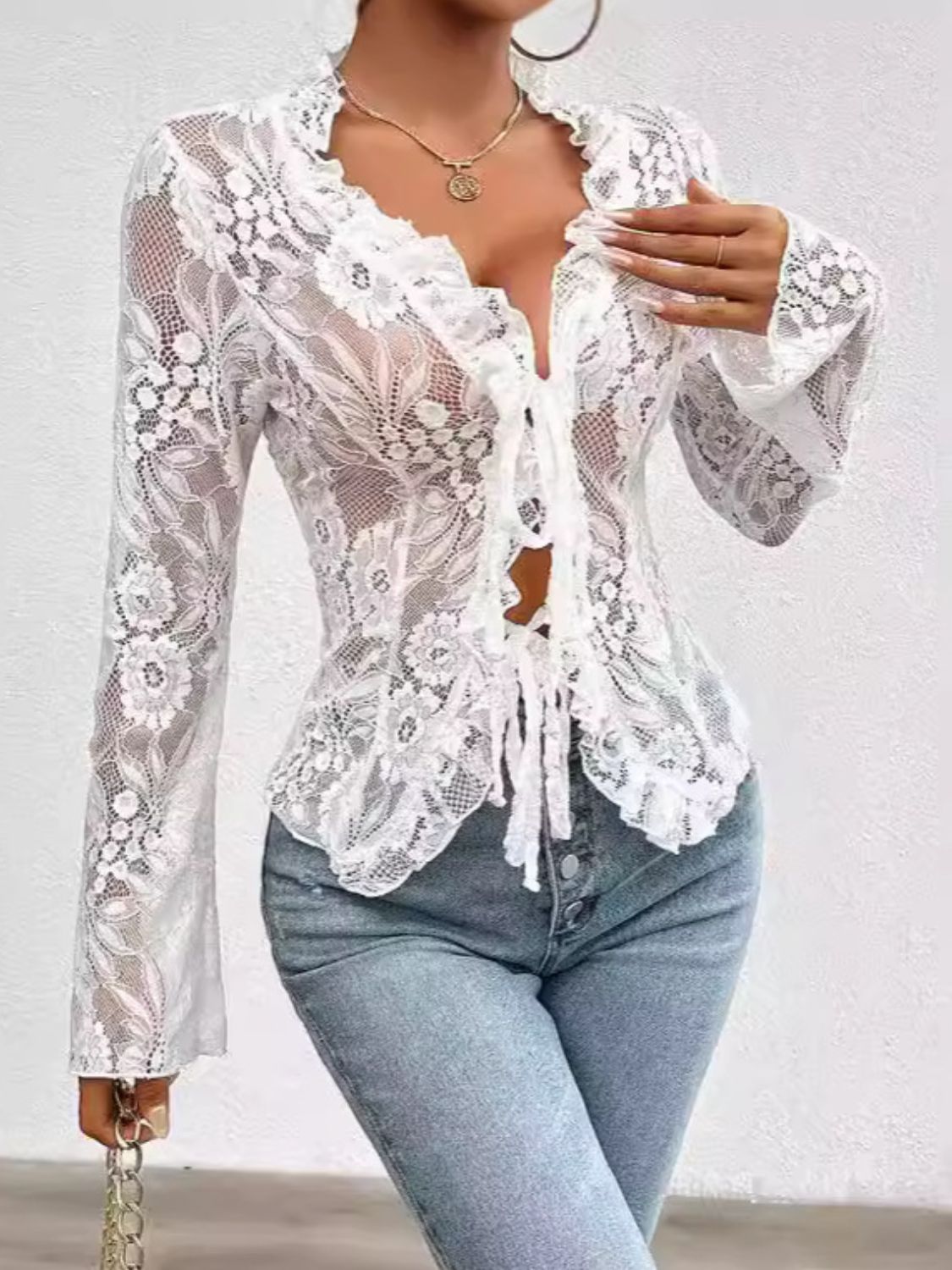 Tied V-Neck Long Sleeve Lace Top | Sugarz Chique Boutique