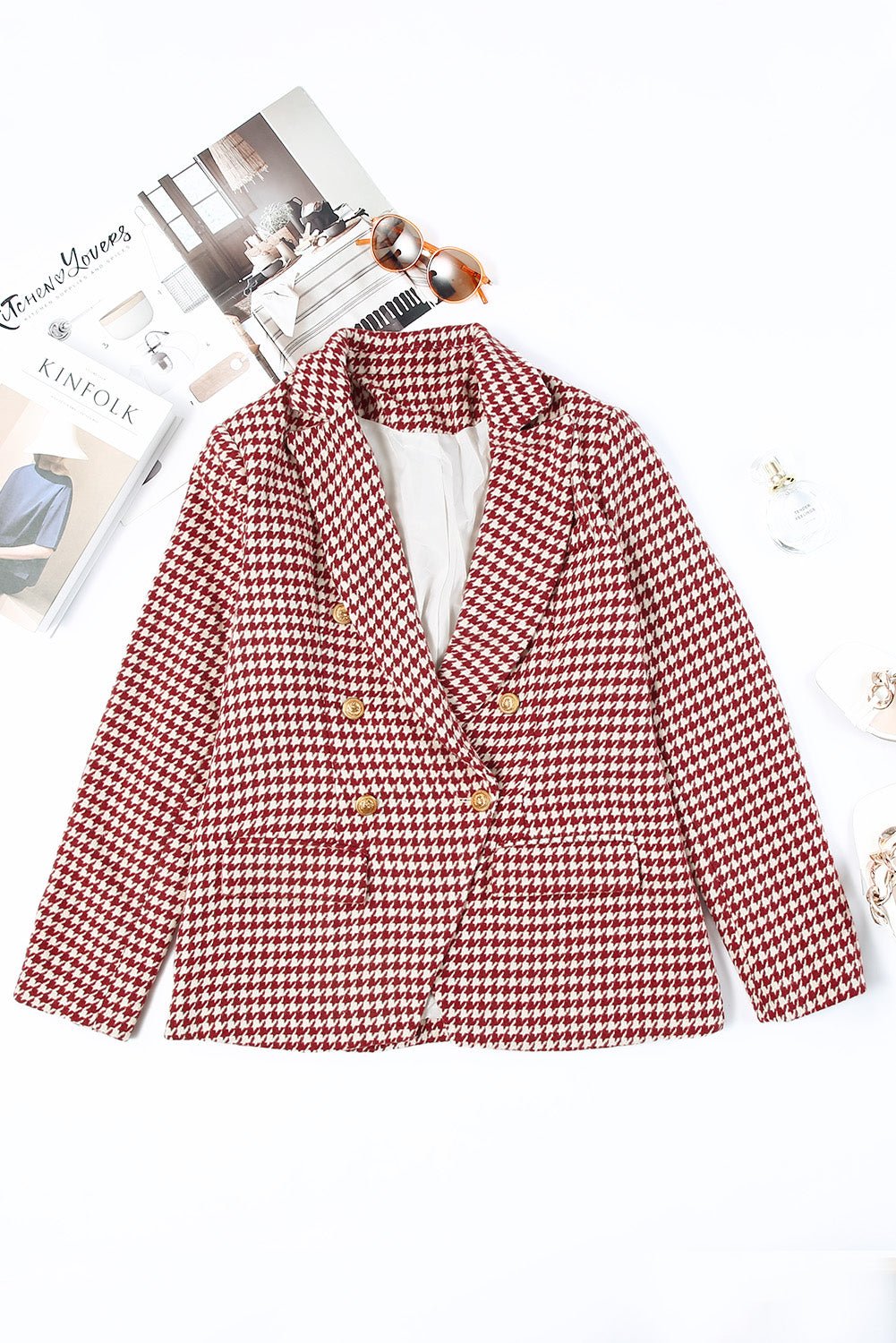 Houndstooth Collared Neck Double-Breasted Blazer | Sugarz Chique Boutique