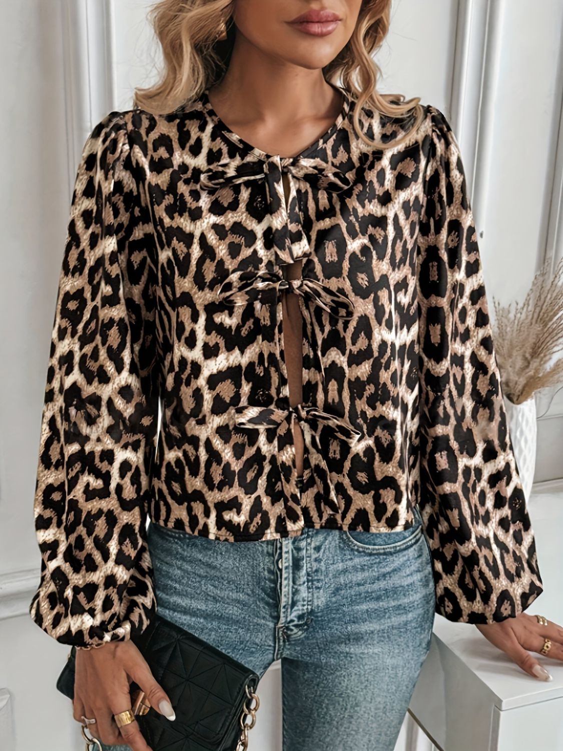 Tied Leopard Round Neck Long Sleeve Top | Sugarz Chique Boutique