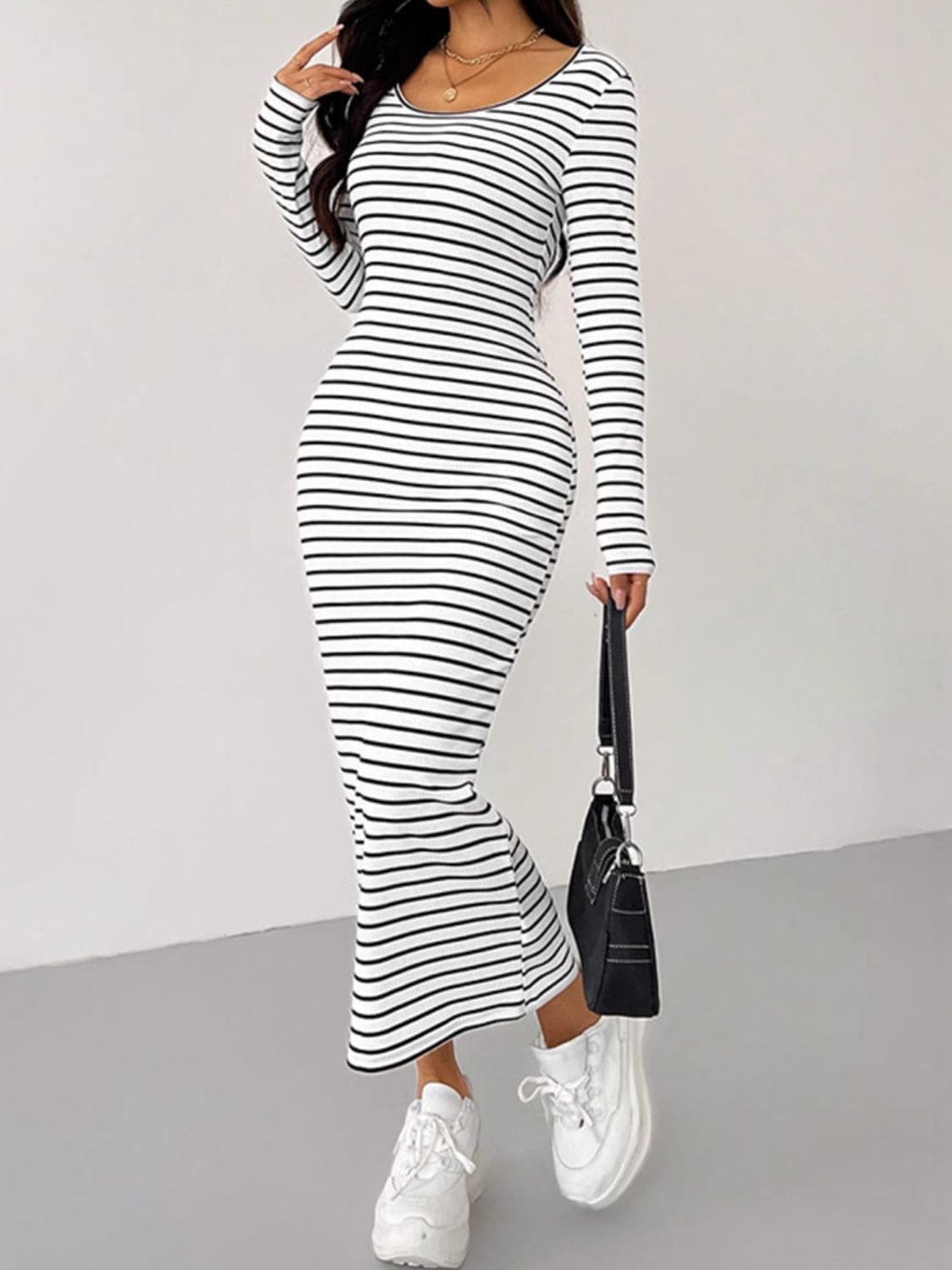 Striped Scoop Neck Long Sleeve Midi Tee Dress | Sugarz Chique Boutique