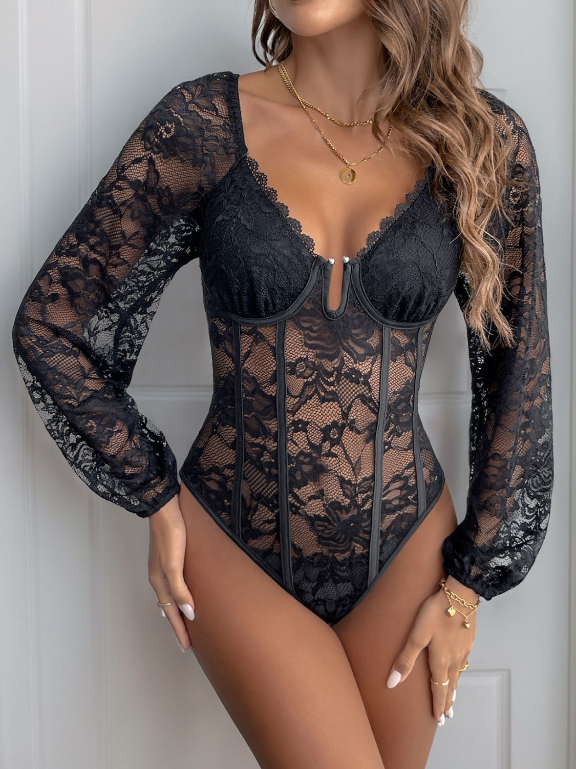 Perfee Lace V-Neck Long Sleeve Bodysuit | Sugarz Chique Boutique