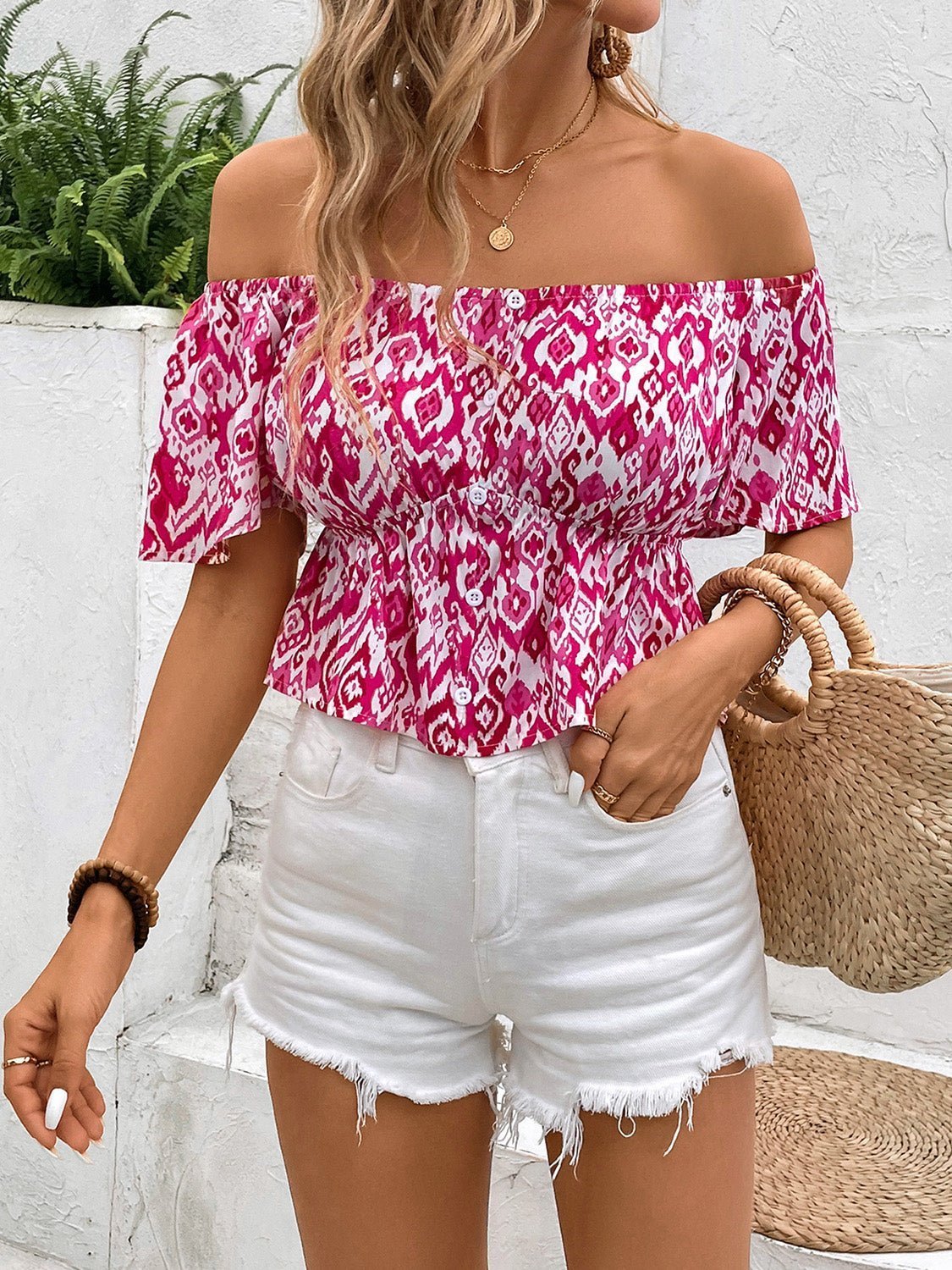 Peplum Printed Off-Shoulder Short Sleeve Blouse | Sugarz Chique Boutique