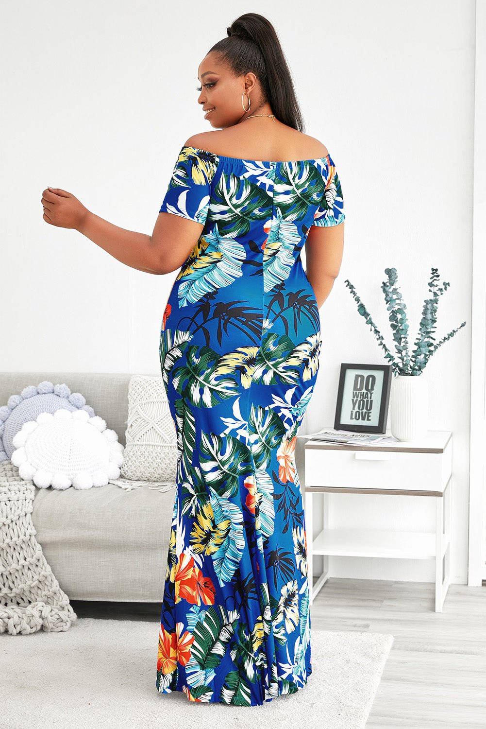 Plus Size Floral Off-Shoulder Short Sleeve Fishtail Dress | Sugarz Chique Boutique