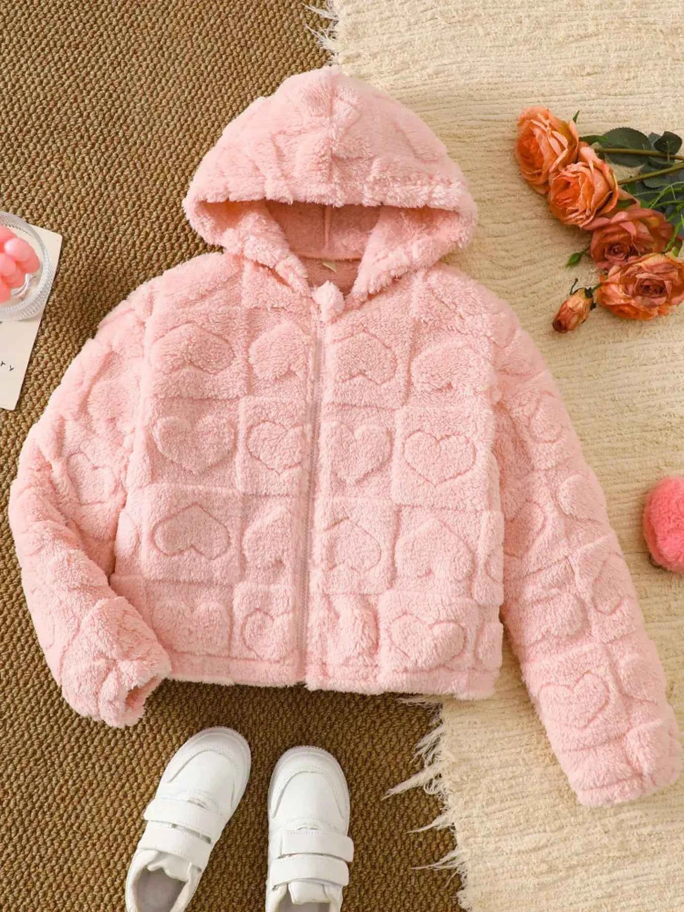 Children's Heart Pattern Fuzzy Hooded Outerwear