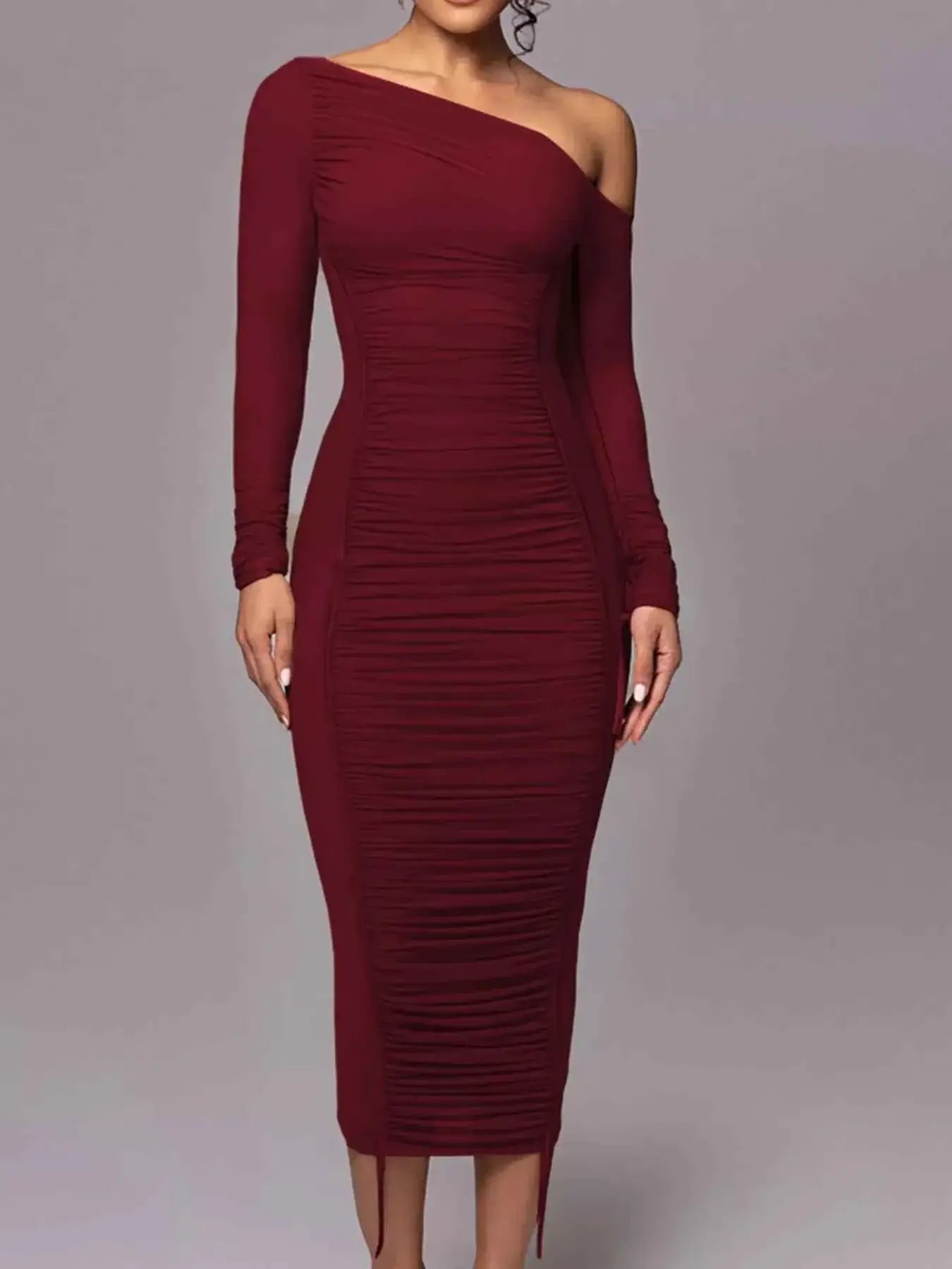 One-Shoulder Ruched Bodycon Midi Dress
