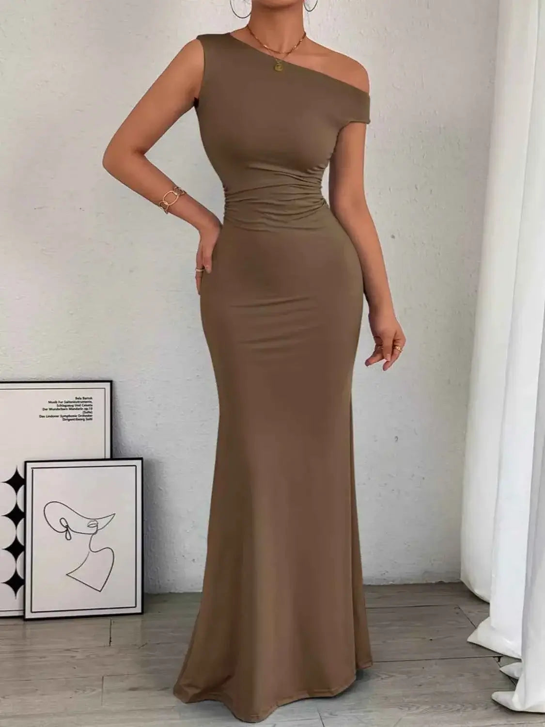 One-Shoulder Ruched Bodycon Maxi Dress