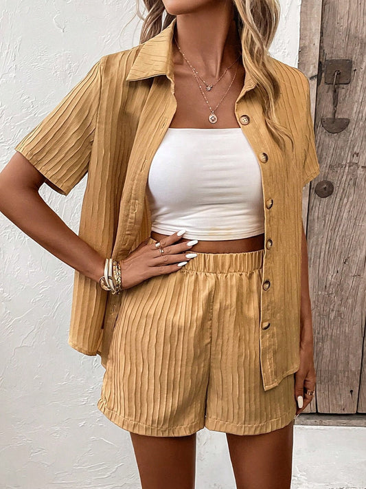 Textured Button Up Shirt and Shorts Set | Sugarz Chique Boutique