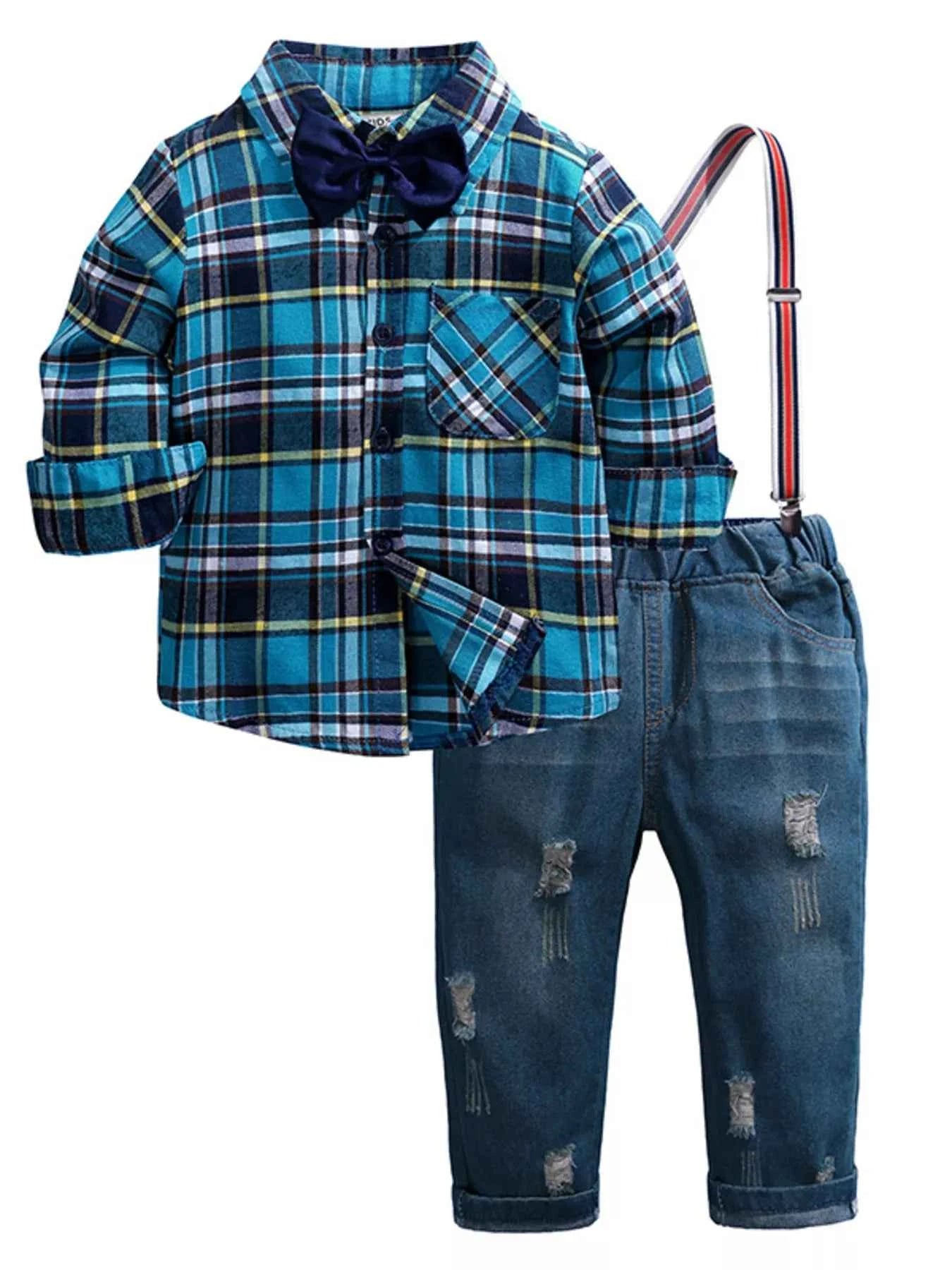 Children's Plaid Shirt & Distressed Jeans with Suspenders Set