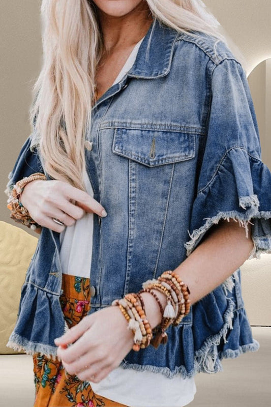 Ruffled Raw Hem Half Sleeve Denim Top | Sugarz Chique Boutique