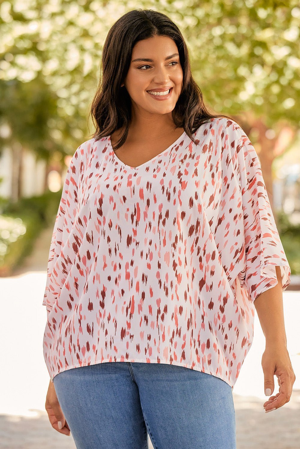 Plus Size Printed V-Neck Blouse | Sugarz Chique Boutique