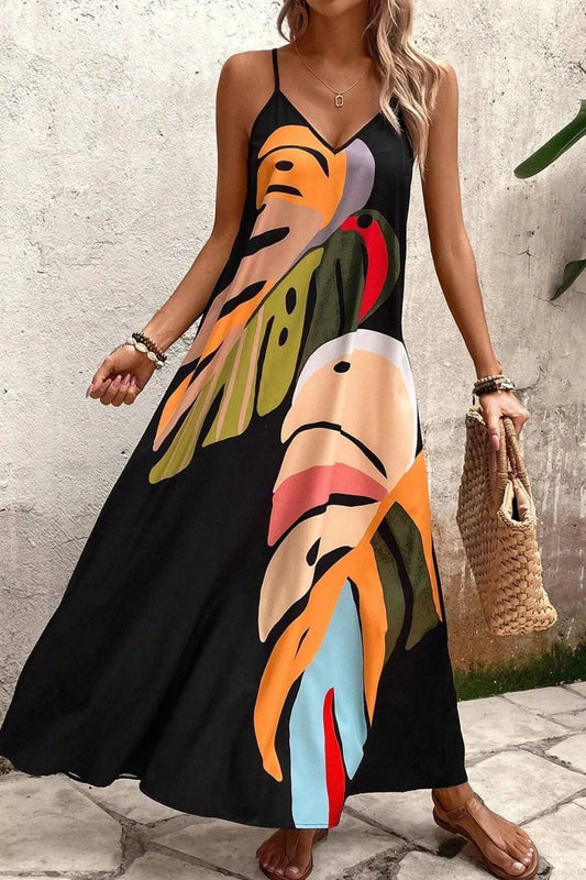 Tropical leaf print v-neck maxi cami dress for vacation