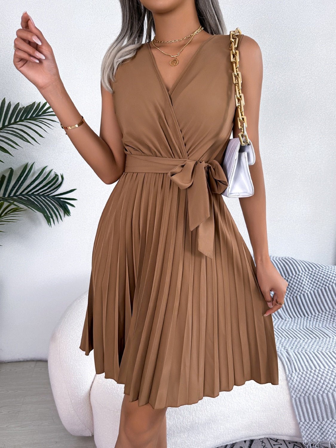 Tied Surplice Sleeveless Pleated Dress | Sugarz Chique Boutique