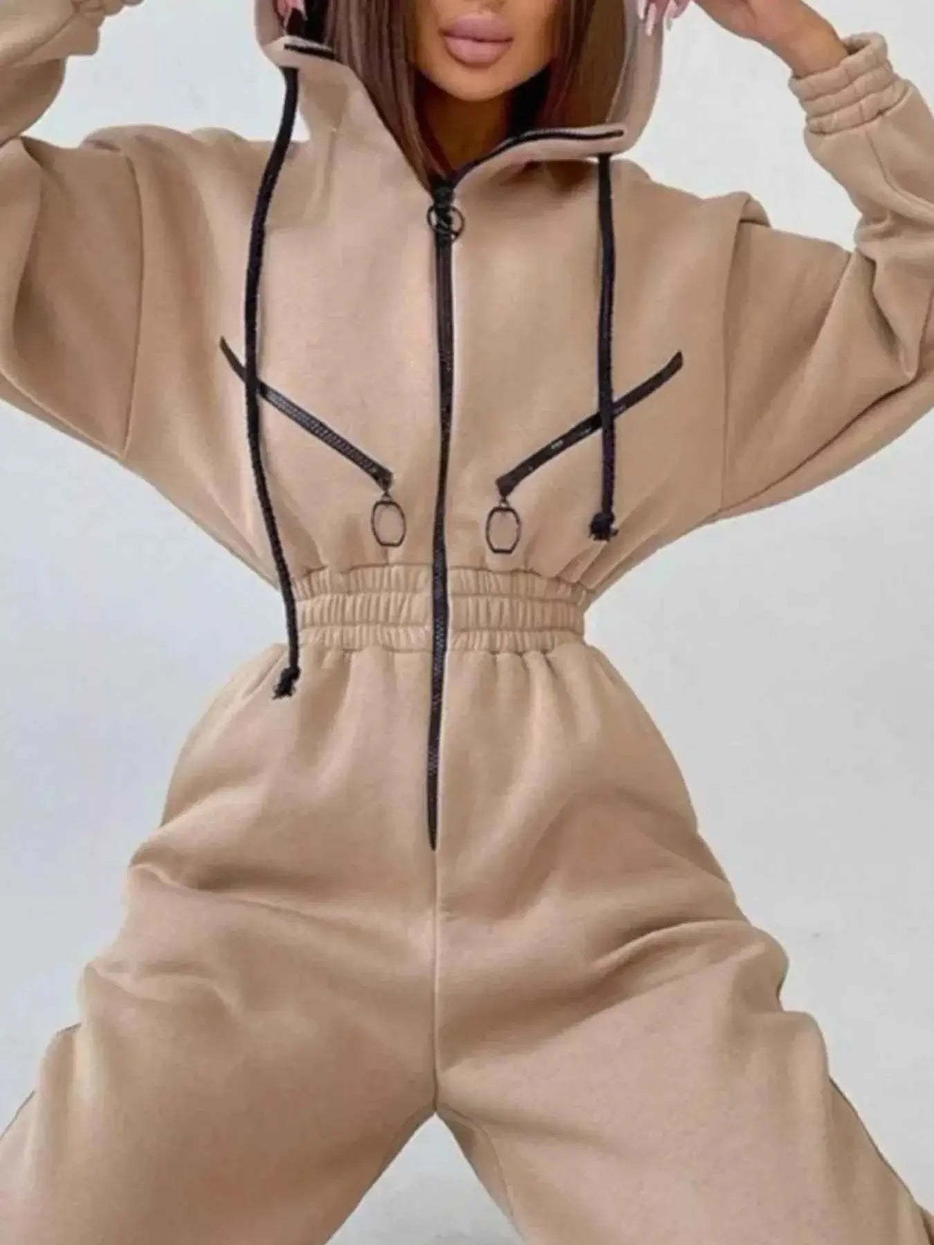 Hooded Zip-Up Long Sleeve Jumpsuit