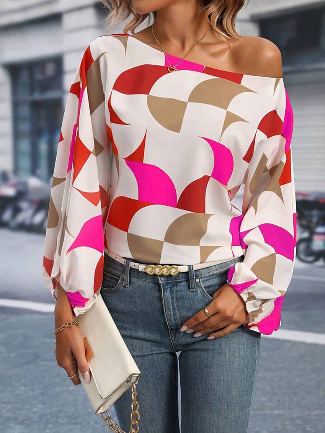 Printed One Shoulder Balloon Sleeve Blouse | Sugarz Chique Boutique