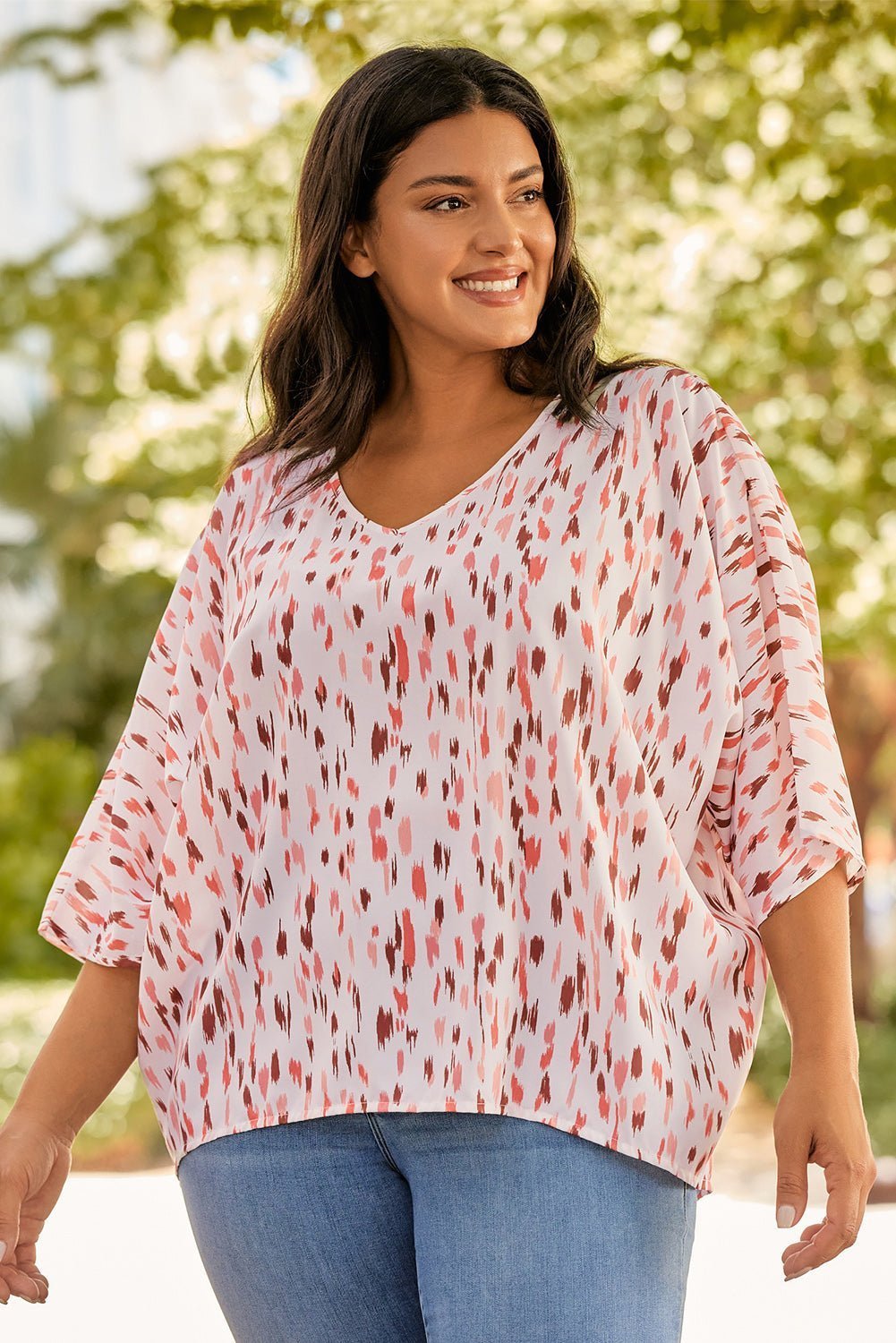 Plus Size Printed V-Neck Blouse | Sugarz Chique Boutique