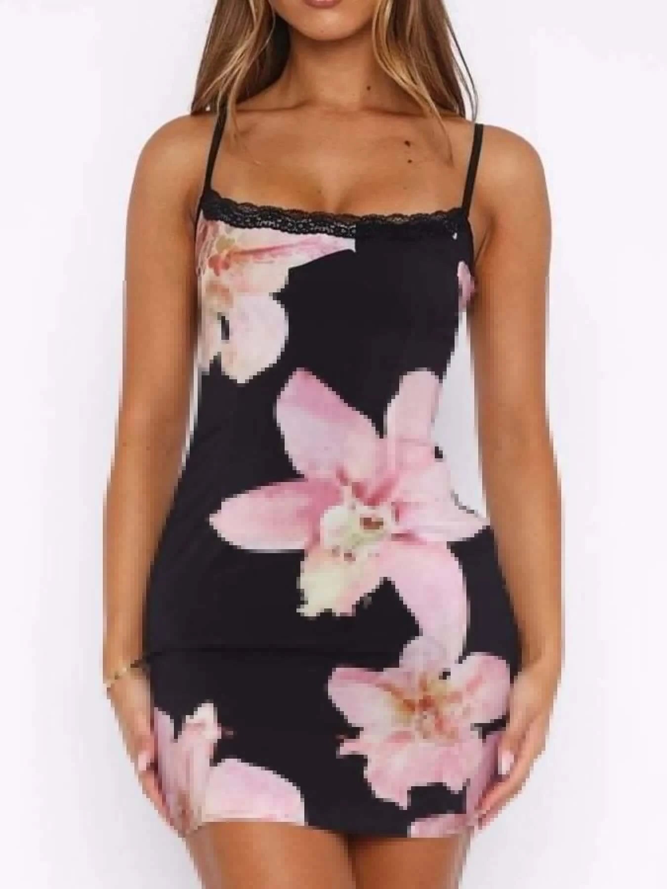 Floral Print Bodycon Cami Dress with Lace Trim | Sugarz Chique Boutique