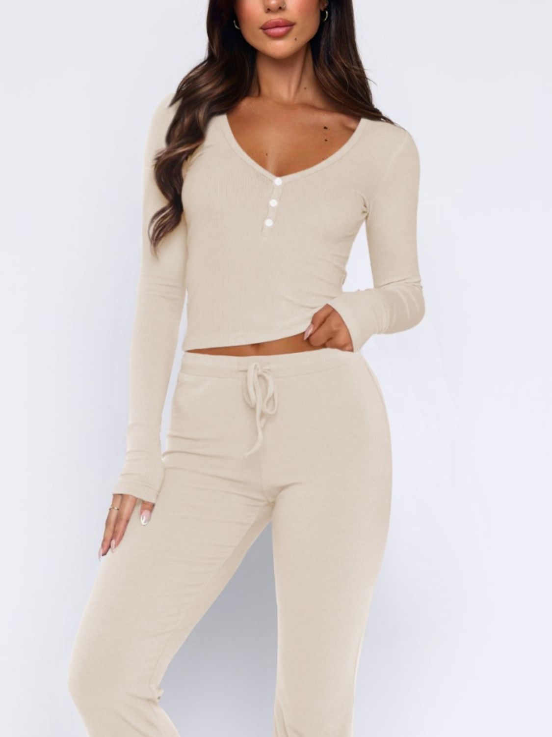 V-Neck Long Sleeve Top and Pants Set | Sugarz Chique Boutique