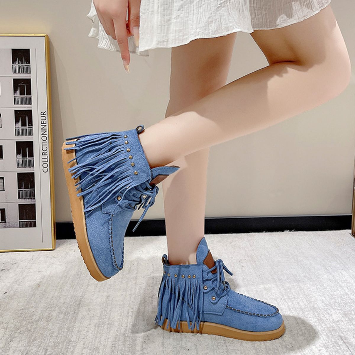 Fringe Studded Round Toe Canvas Boots | Sugarz Chique Boutique