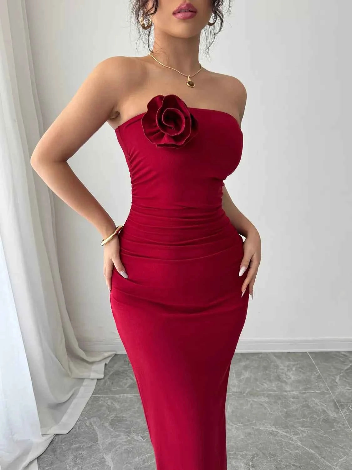 Slit Back Flower Tube Midi Dress