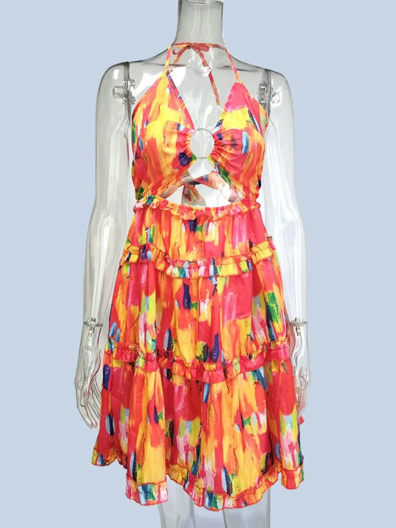 Full Size Cutout Halter Neck Cami Dress in vibrant pink and multicolor design, featuring ruffled tiers and a tied neckline.