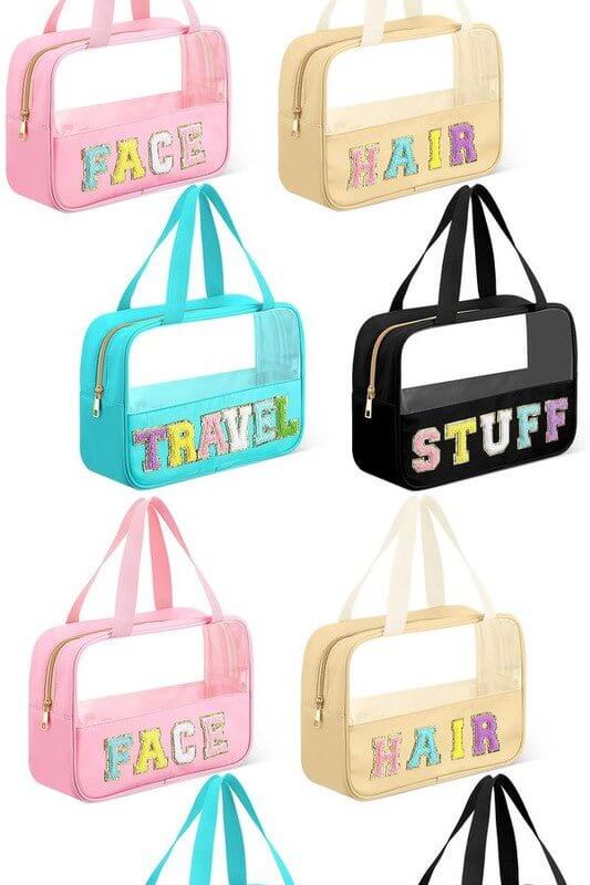 Chenille Letter Clear Travel Bag Luggage Makeup - Sugarz Chique Boutique
