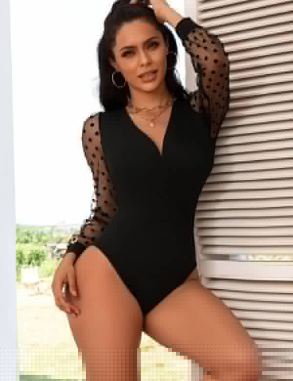 Crotch Polka dot mesh Long Sleeve V Neck Bodysuit - Sugarz Chique Boutique