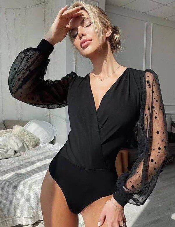 Crotch Polka dot mesh Long Sleeve V Neck Bodysuit - Sugarz Chique Boutique