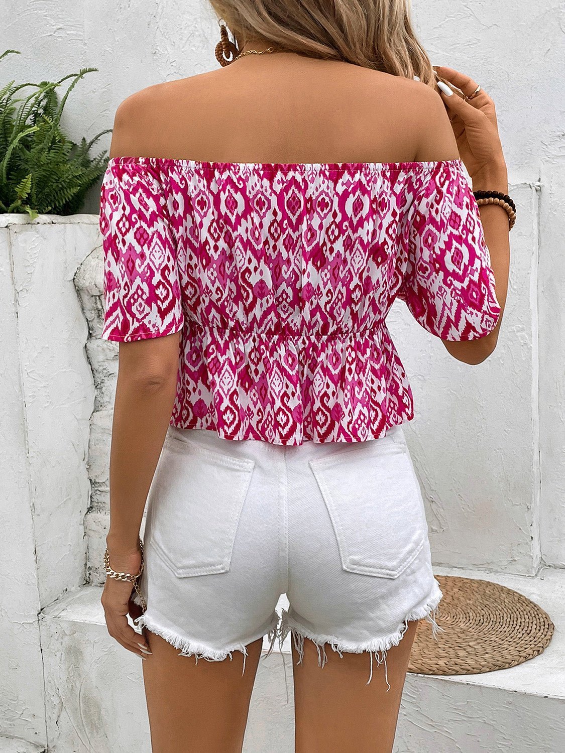 Peplum Printed Off-Shoulder Short Sleeve Blouse | Sugarz Chique Boutique