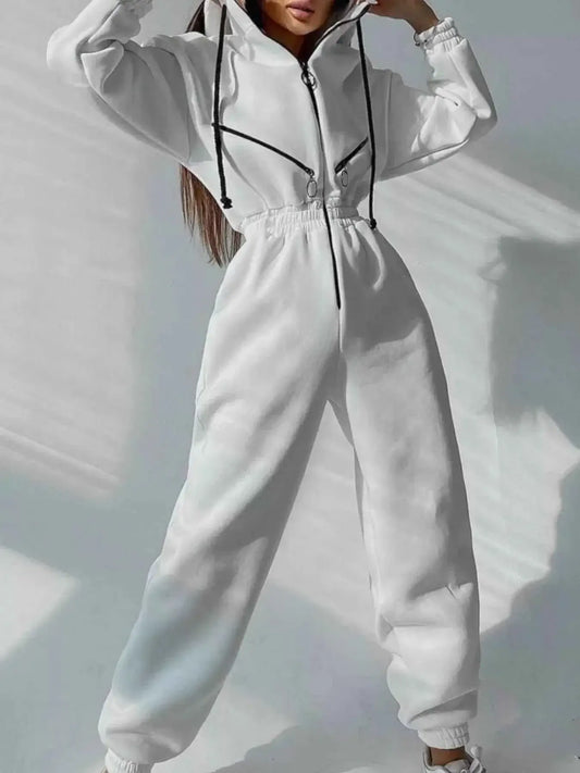 Hooded Zip-Up Long Sleeve Jumpsuit