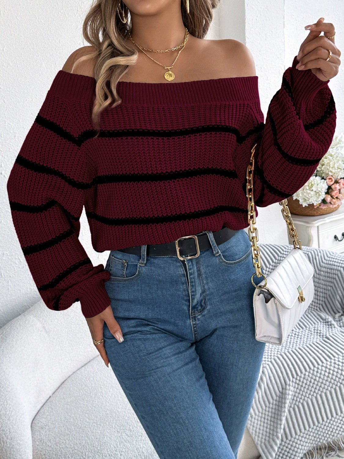 Striped Off-Shoulder Long Sleeve Sweater | Sugarz Chique Boutique