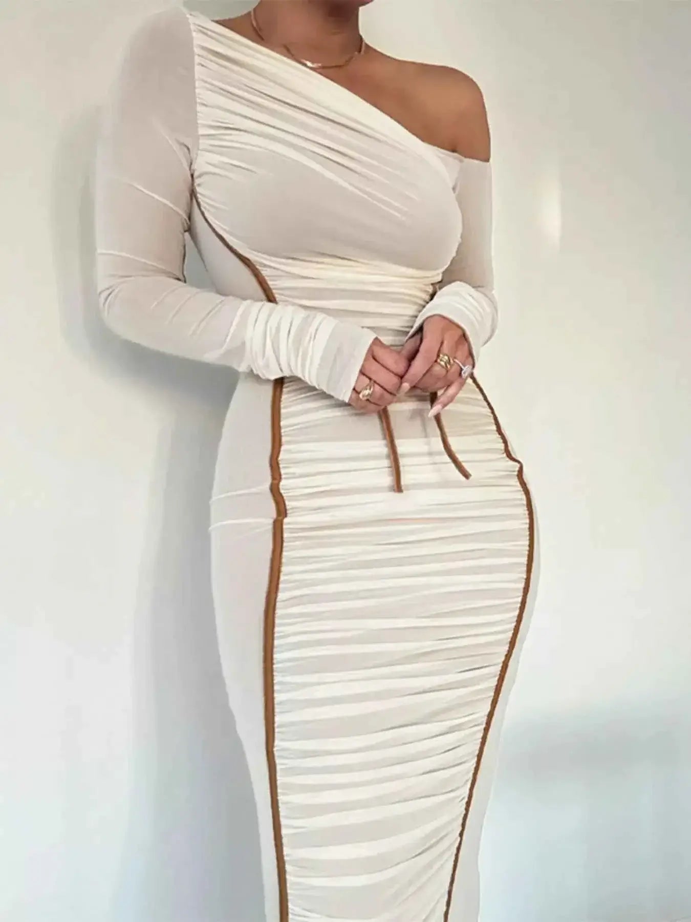 One-Shoulder Ruched Bodycon Midi Dress