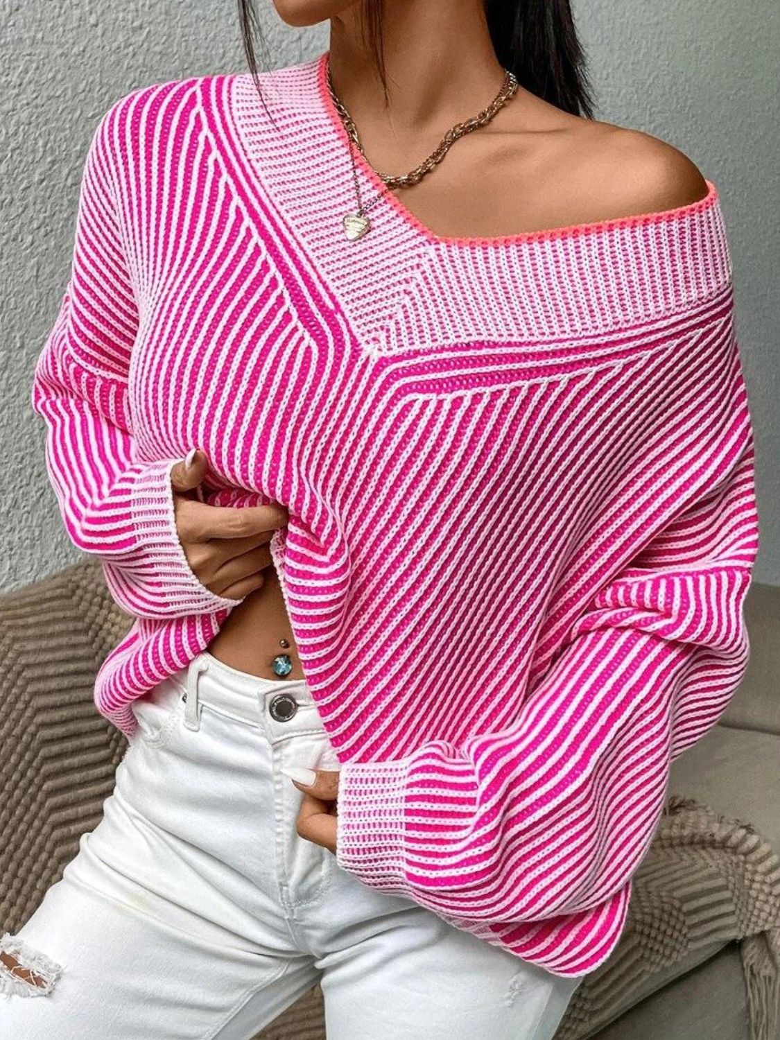 Striped V-Neck Long Sleeve Sweater | Sugarz Chique Boutique