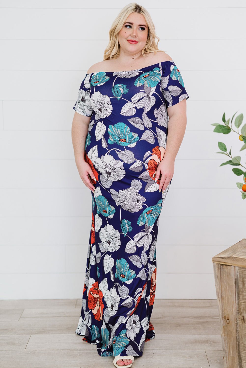 Plus Size Floral Off-Shoulder Short Sleeve Fishtail Dress | Sugarz Chique Boutique