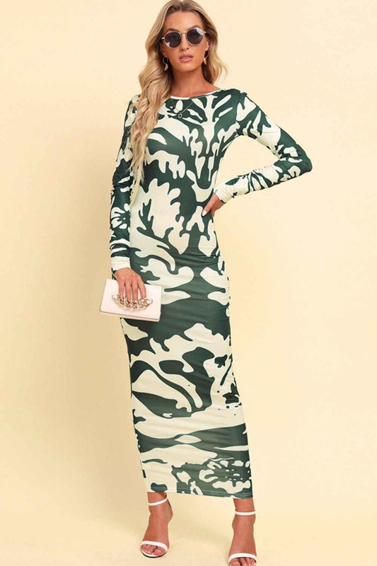 Printed Backless Long Sleeve Maxi Dress | Sugarz Chique Boutique