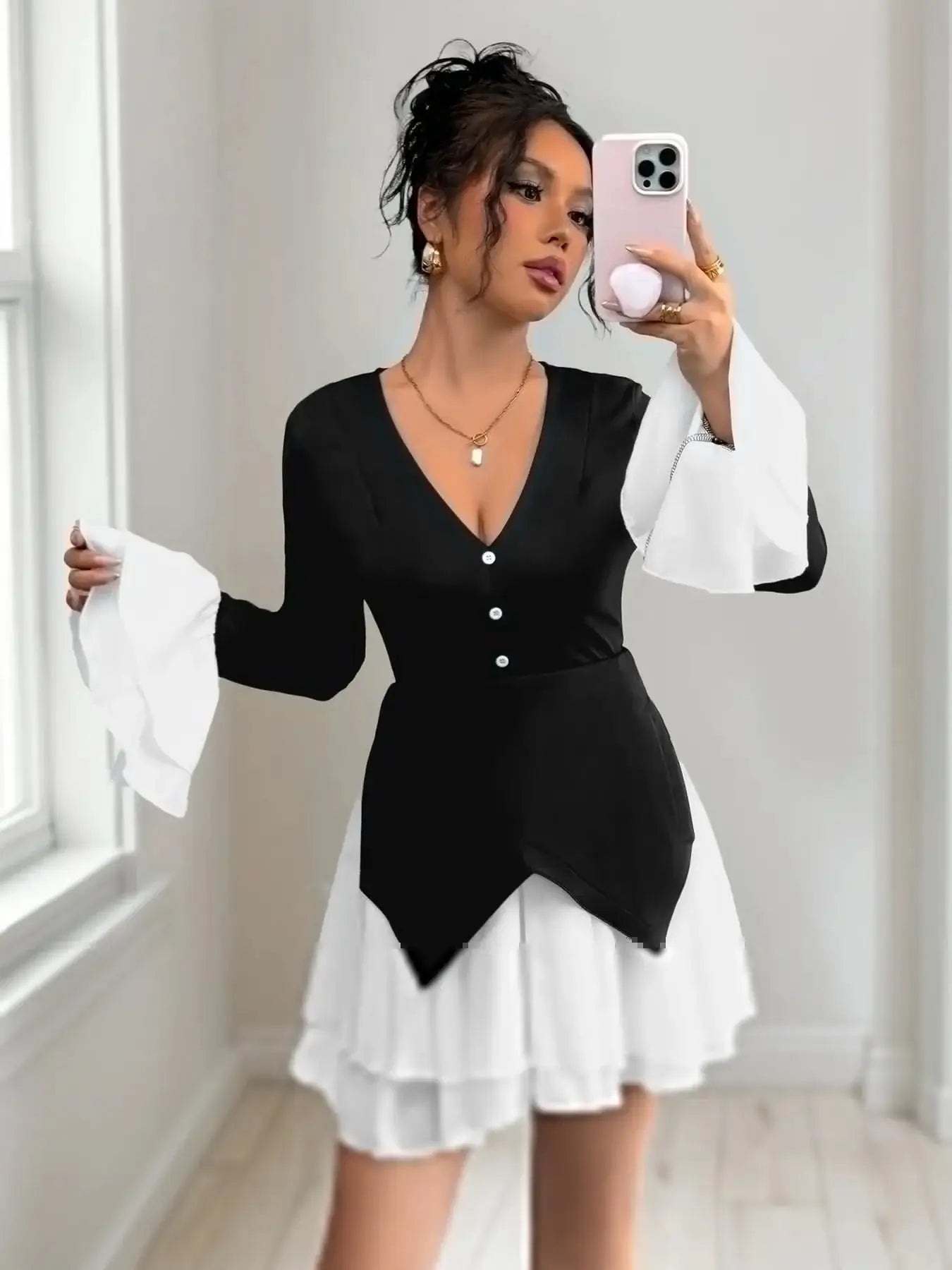 Two Tone V-Neck Long Sleeve Mini Dress | Sugarz Chique Boutique