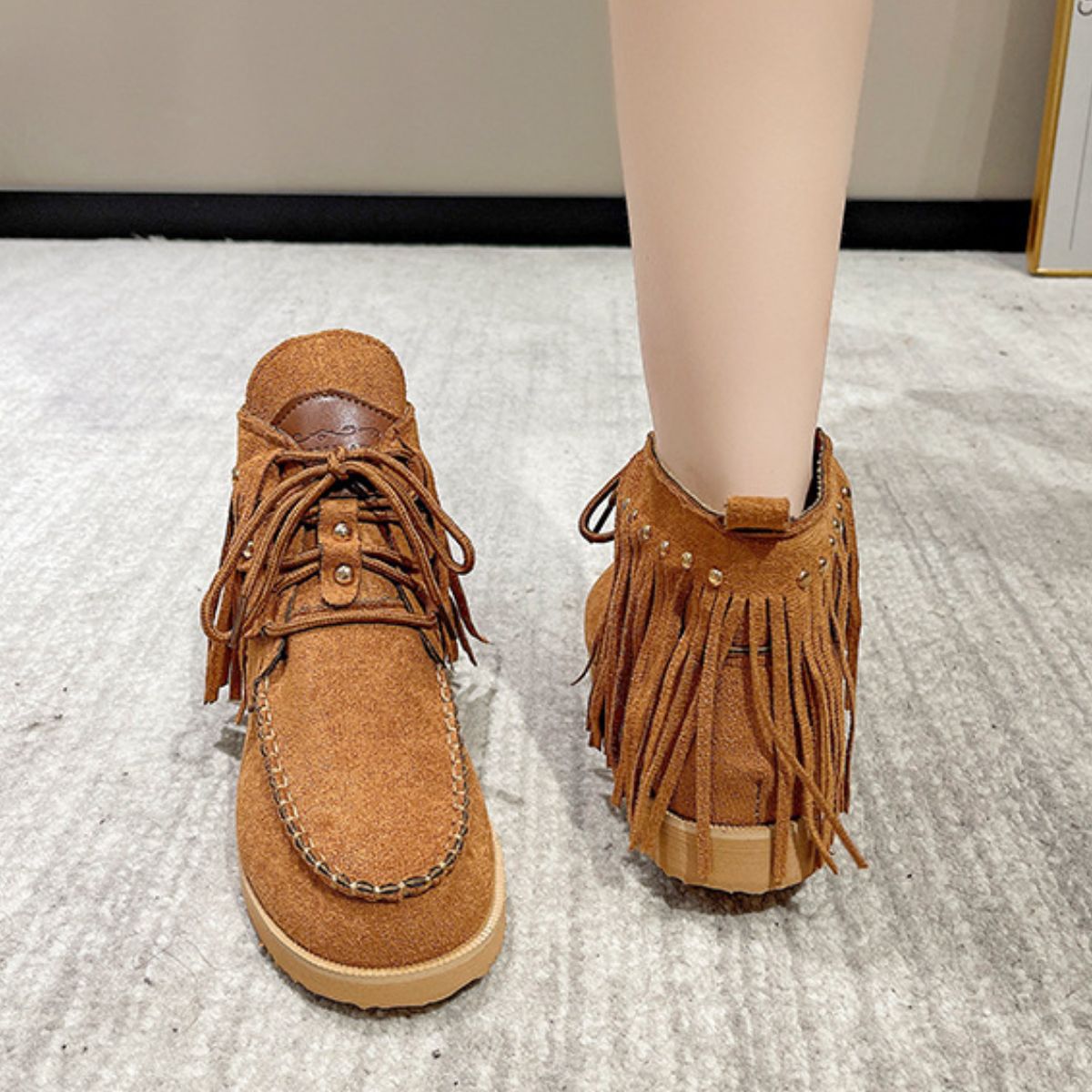 Fringe Studded Round Toe Canvas Boots | Sugarz Chique Boutique