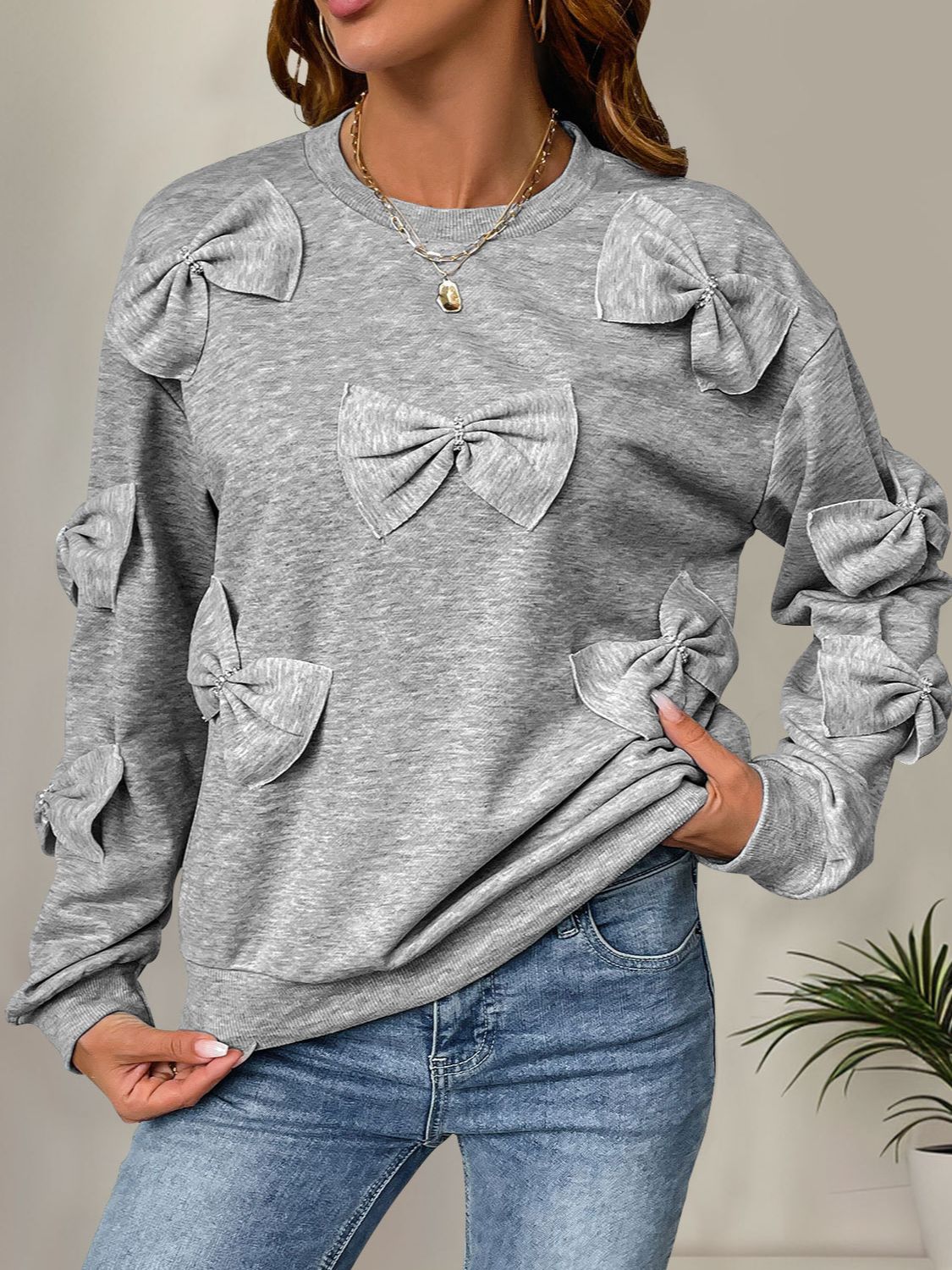 Perfee Bow Round Neck Long Sleeve Sweatshirt | Sugarz Chique Boutique