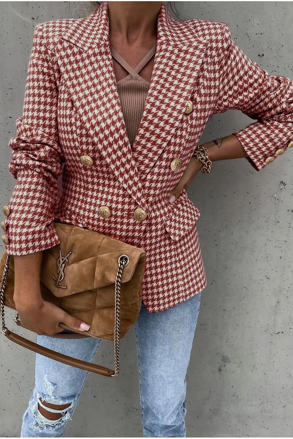 Houndstooth Collared Neck Double-Breasted Blazer | Sugarz Chique Boutique