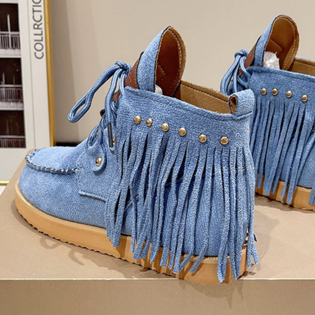 Fringe Studded Round Toe Canvas Boots | Sugarz Chique Boutique