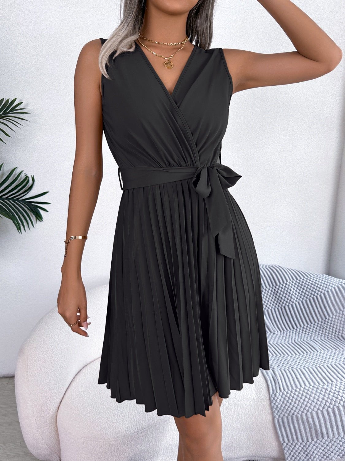 Tied Surplice Sleeveless Pleated Dress | Sugarz Chique Boutique