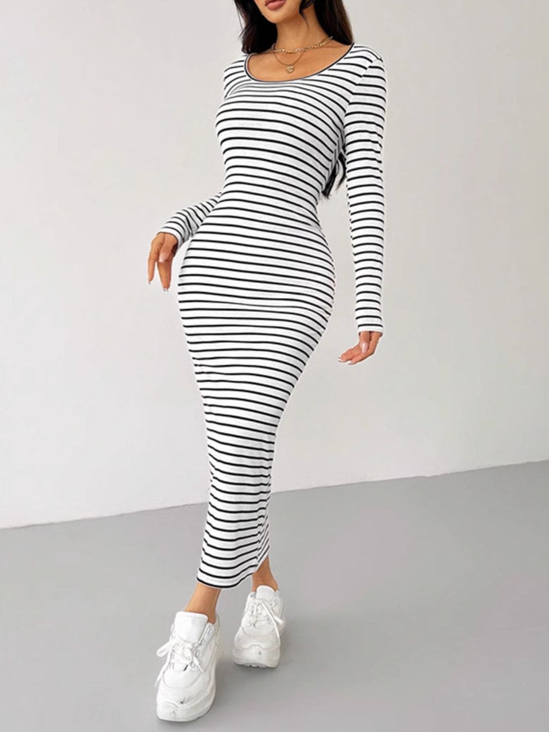 Striped Scoop Neck Long Sleeve Midi Tee Dress | Sugarz Chique Boutique