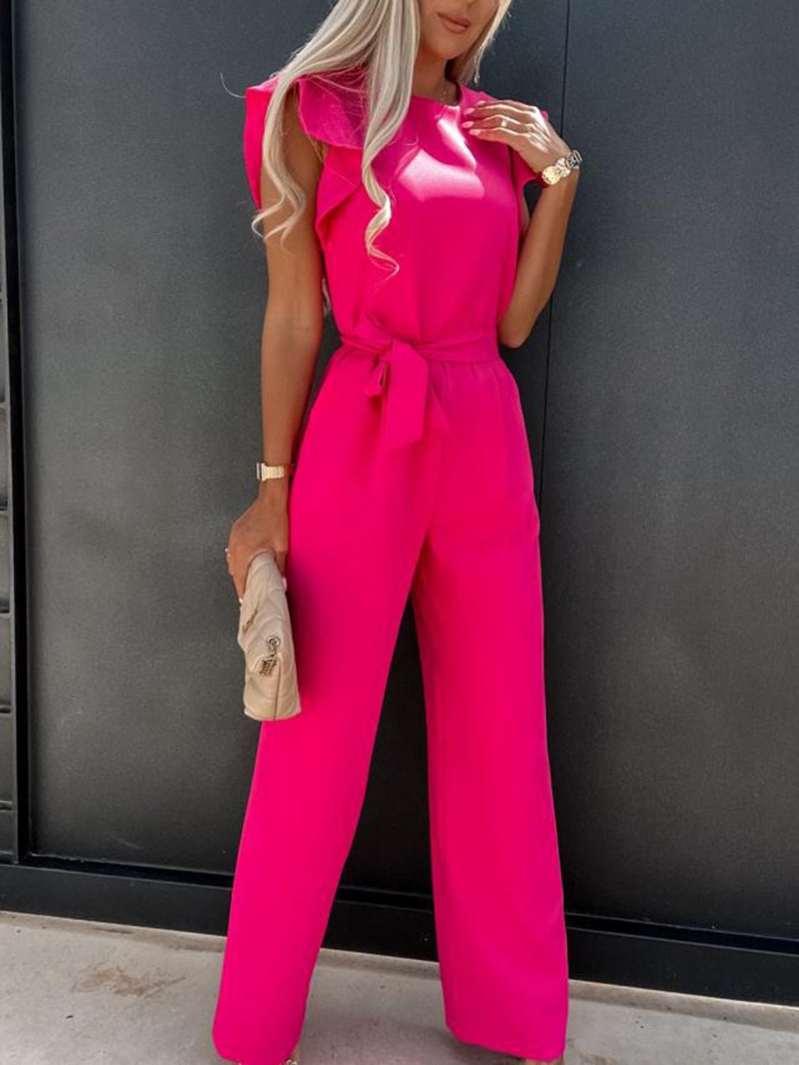 Ruffled Round Neck Cap Sleeve Jumpsuit | Sugarz Chique Boutique