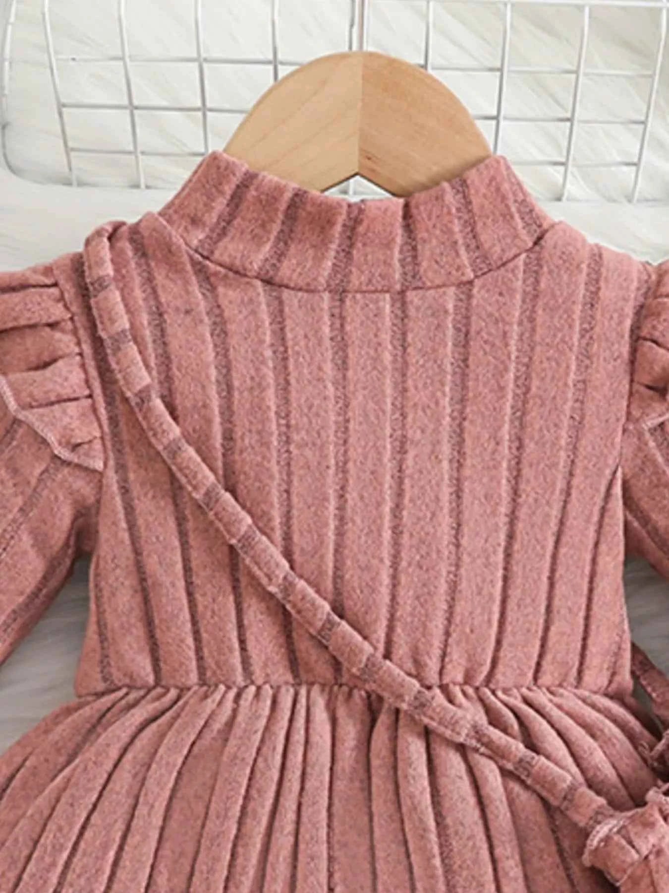 Children's Ribbed Knit Ruffle Trim Dress with Bag