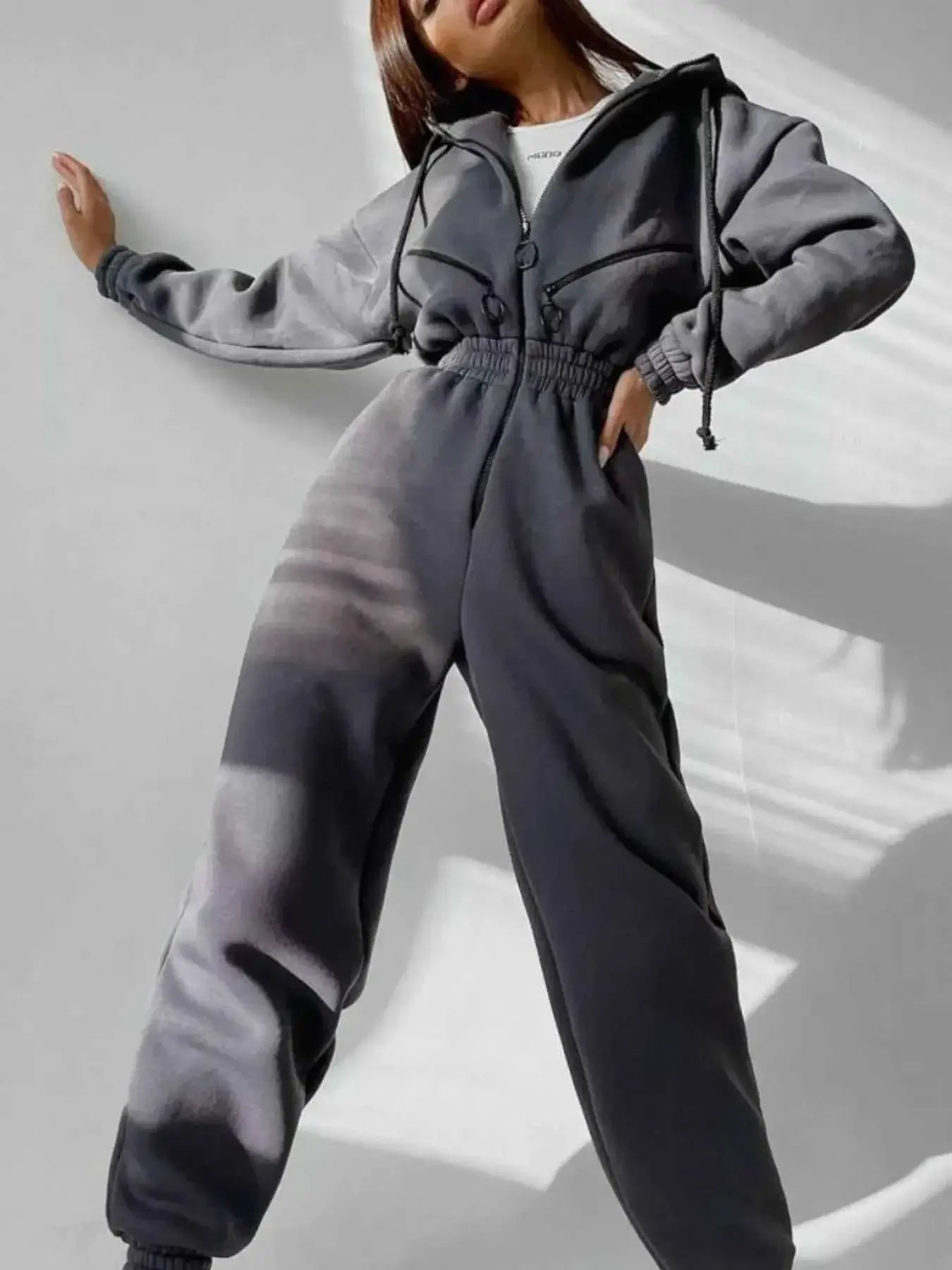Hooded Zip-Up Long Sleeve Jumpsuit