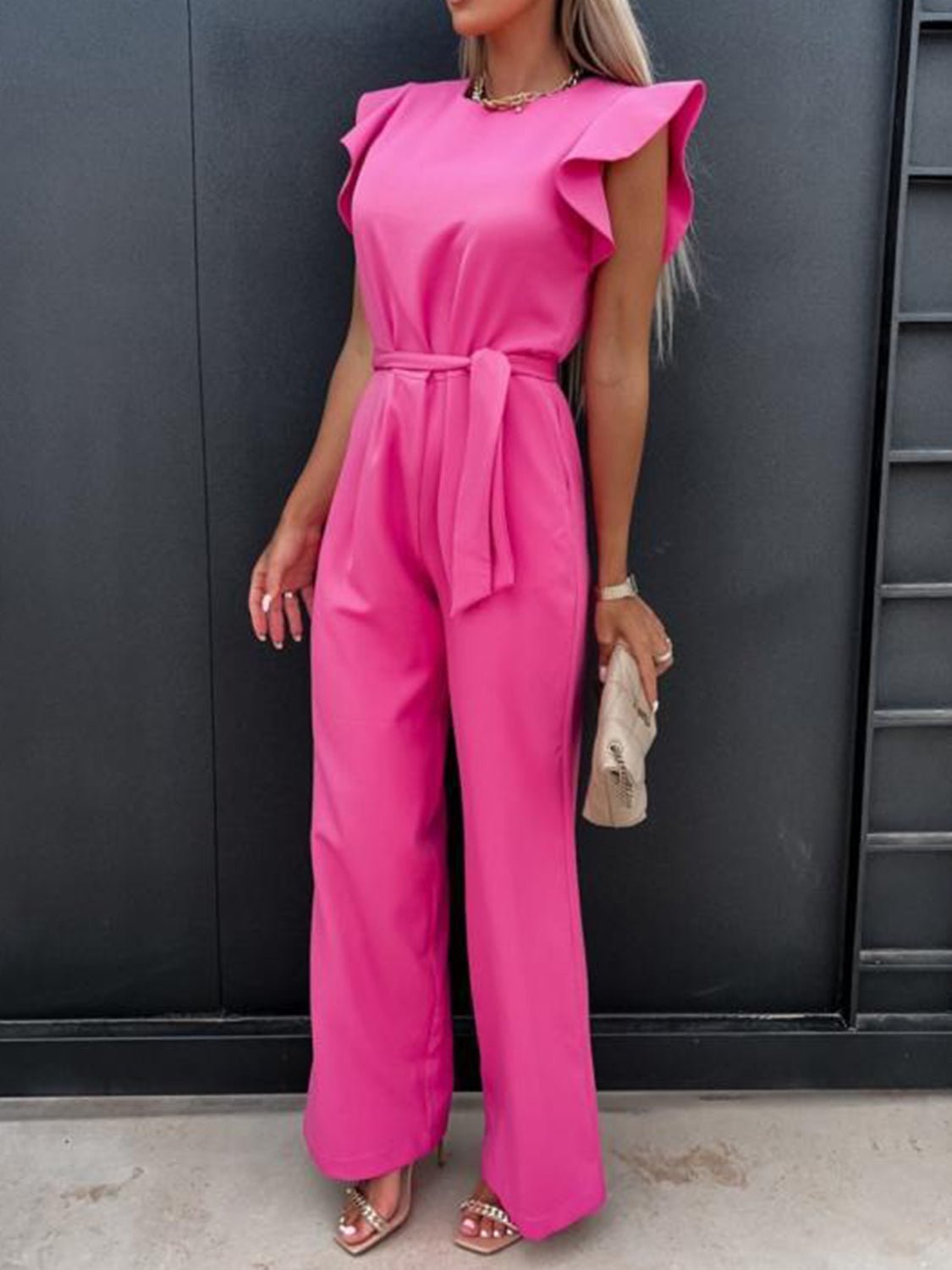 Ruffled Round Neck Cap Sleeve Jumpsuit | Sugarz Chique Boutique