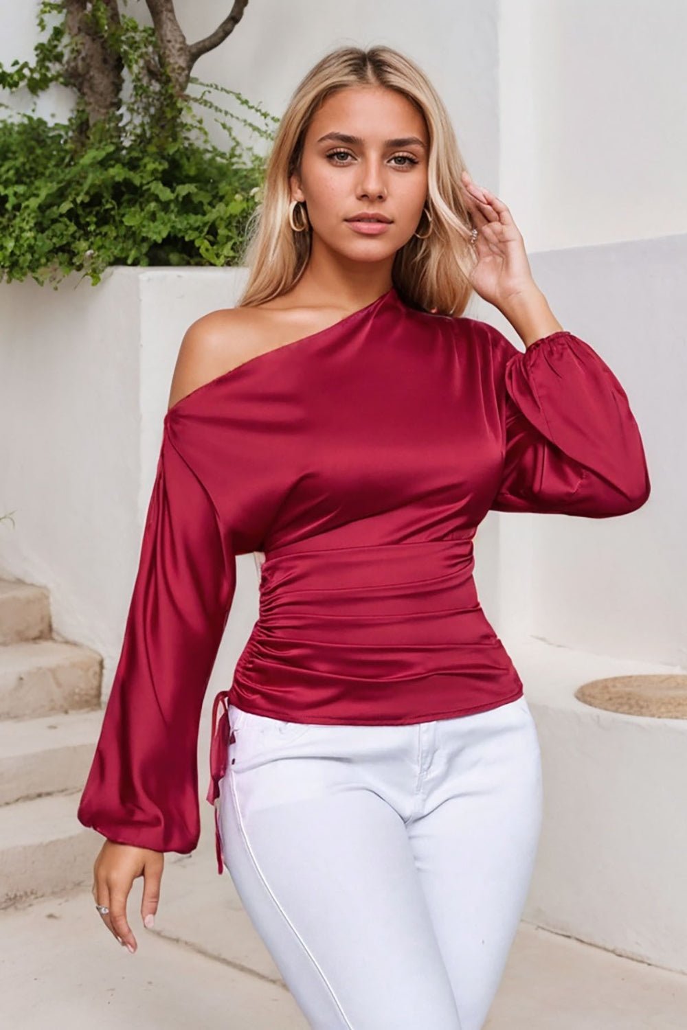 Drawstring One Shoulder Long Sleeve Blouse | Sugarz Chique Boutique