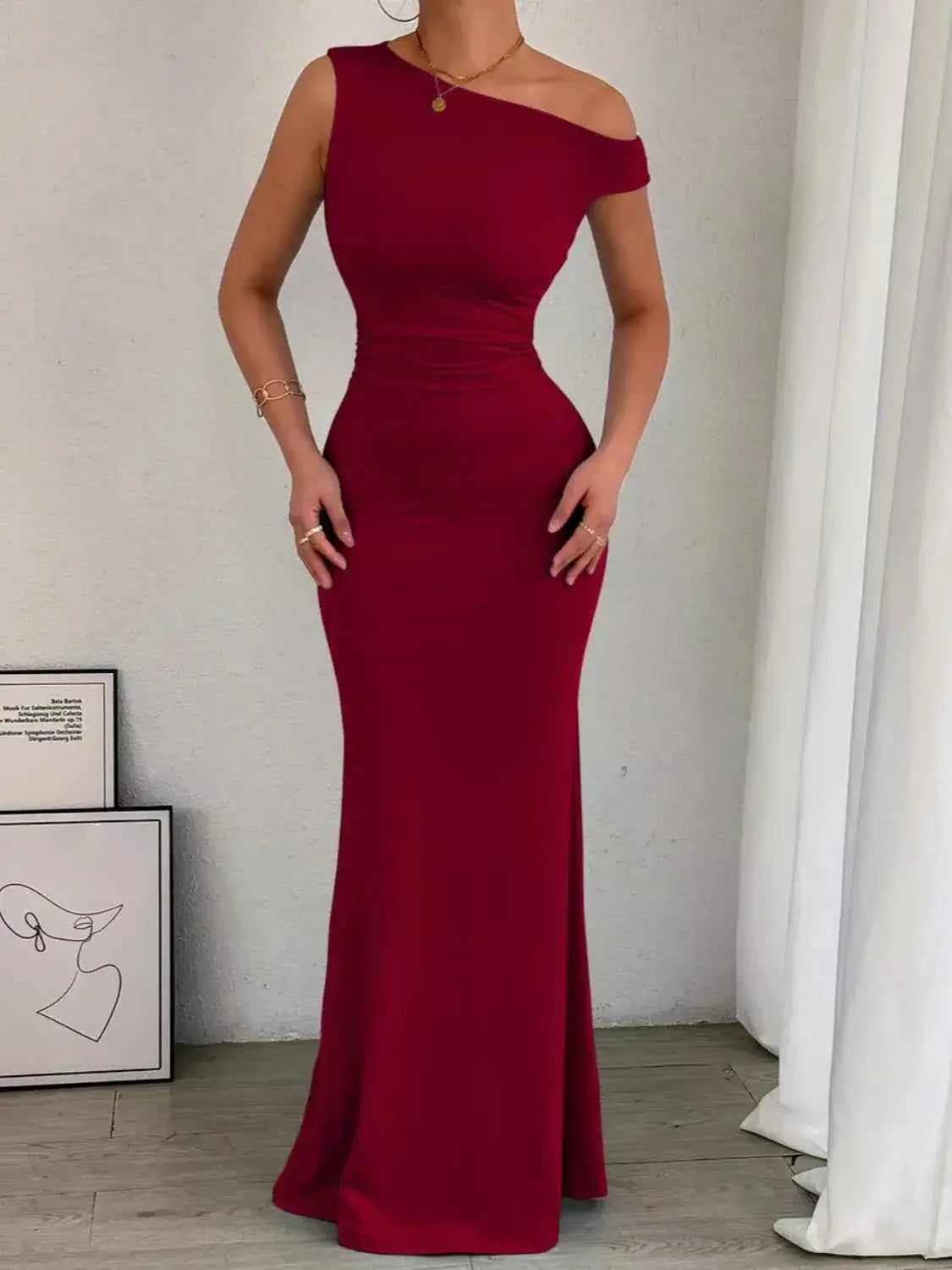 One-Shoulder Ruched Bodycon Maxi Dress